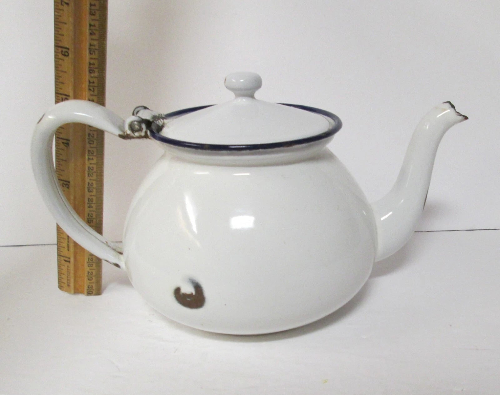 graniteware enamel ware Boston style teapot white w/ dark blue USED vintage rj