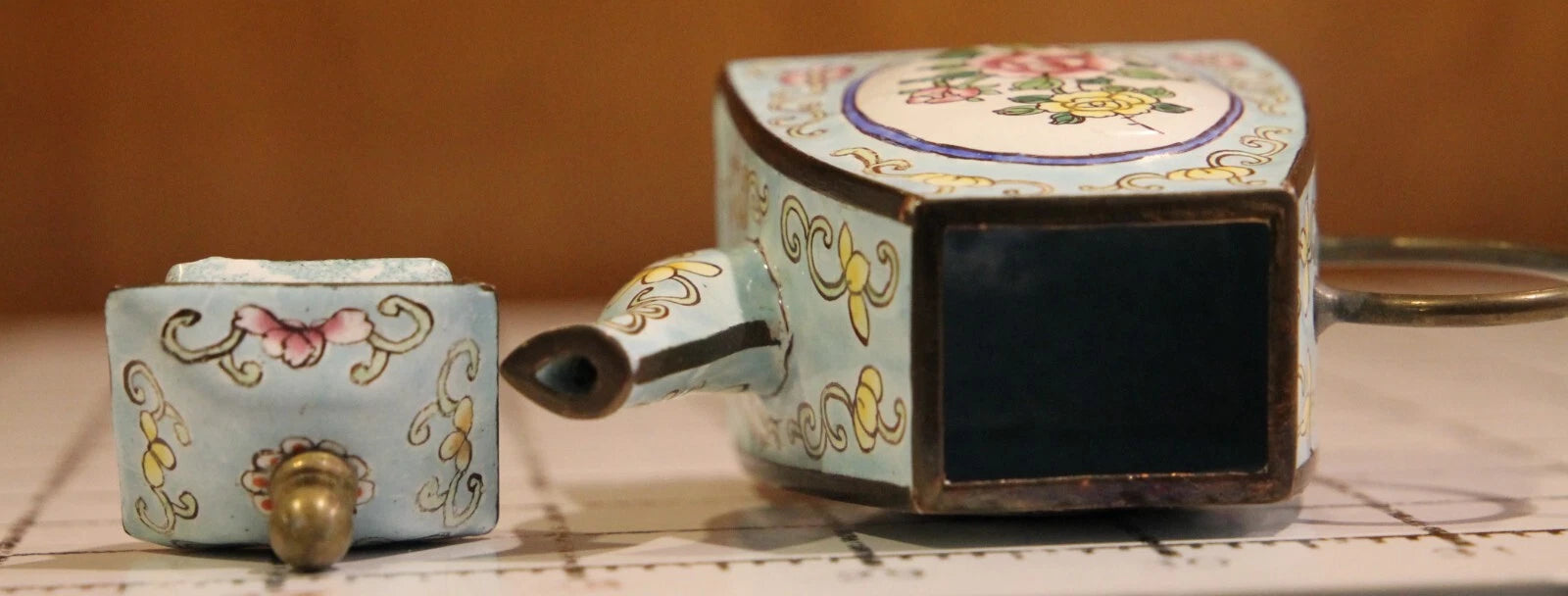 Enamel on Copper Miniature Teapot White & Blue Floral Petite abt 3.5" tall