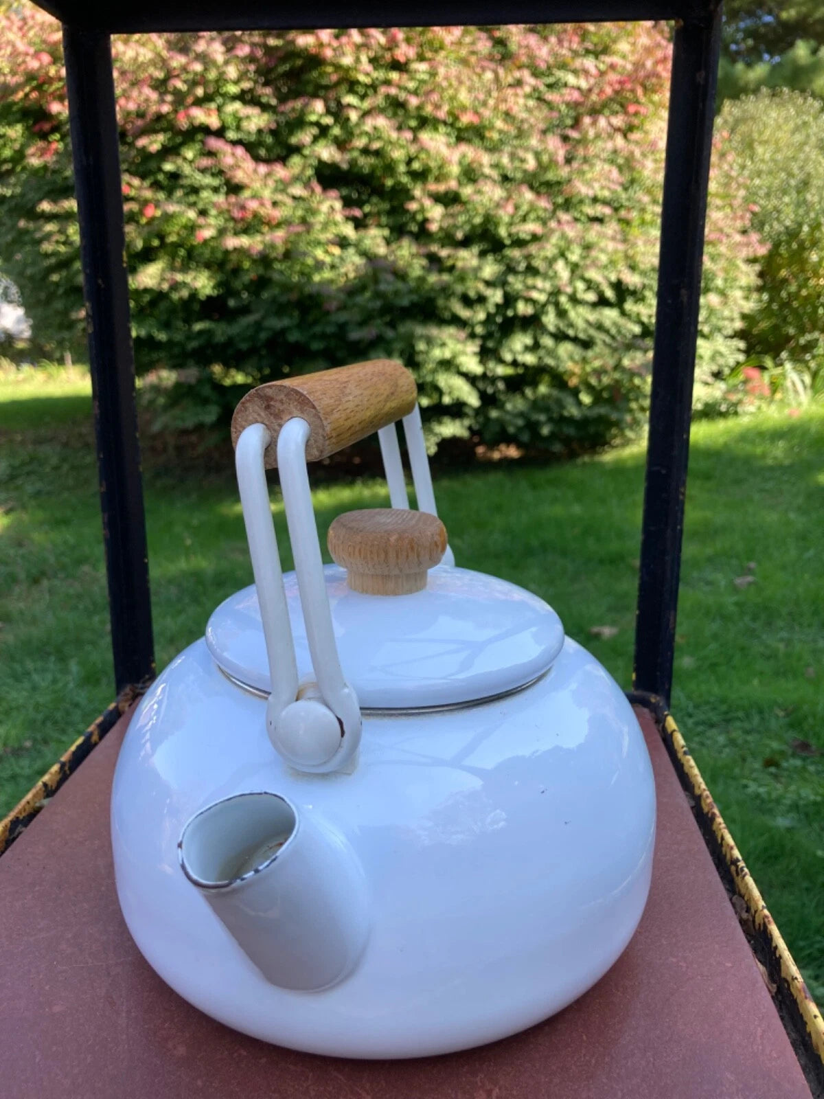 Enamel White MidCentury Tea Pot Kettle Wooden Handle & Knob Vintage | eBay