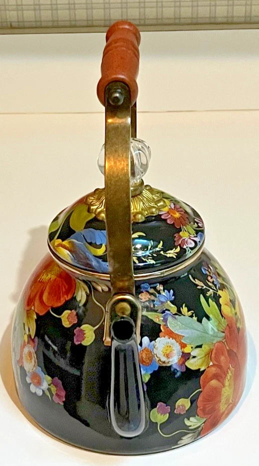 MacKenzie Childs Black Flower Market 2 Quart Enamel Teapot Kettle - EUC