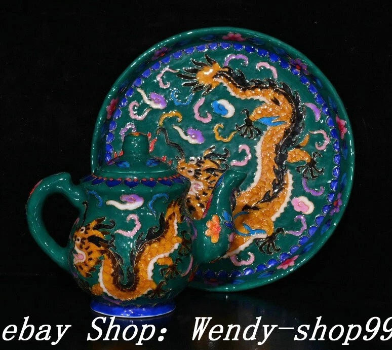 DaMing Chenghua Cloisonne Enamel Porcelain Filigree Dragon Teapot Cup Plate Set