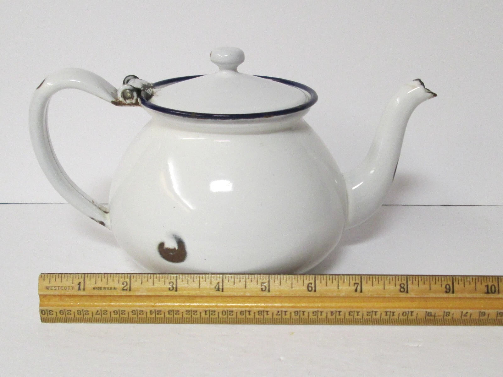 graniteware enamel ware Boston style teapot white w/ dark blue USED vintage rj