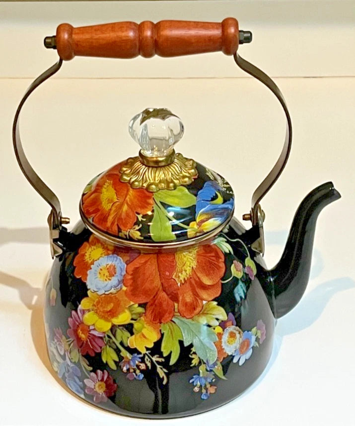 MacKenzie Childs Black Flower Market 2 Quart Enamel Teapot Kettle - EUC