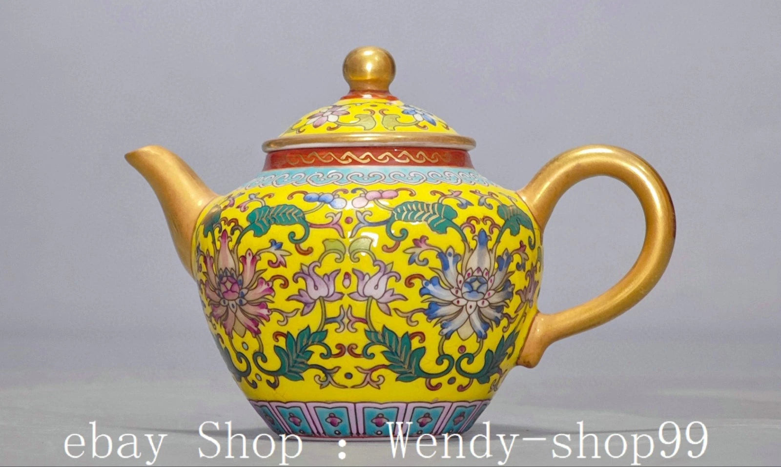 8.6" YongZheng Colour Enamel Porcelain Gilt  Flower Pattern Teapot Cup Dish Set
