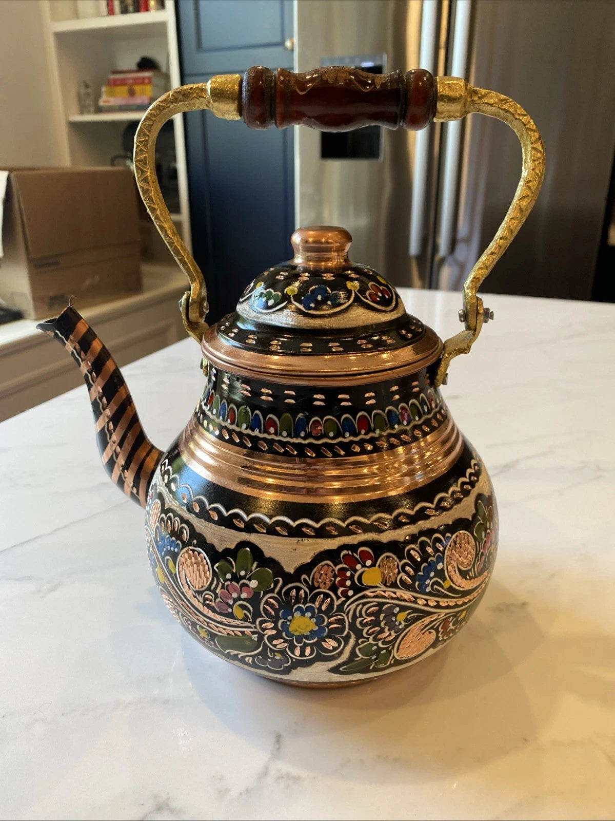Handmade Copper Turkish Teapot w/ Infuser – Hand Painted Floral Enamel Kettle