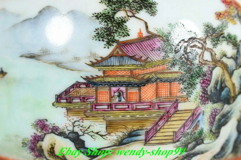 8" DaQing Qianlong Marked Colour Enamel Porcelain Gilt Mountains Rivers Teapot