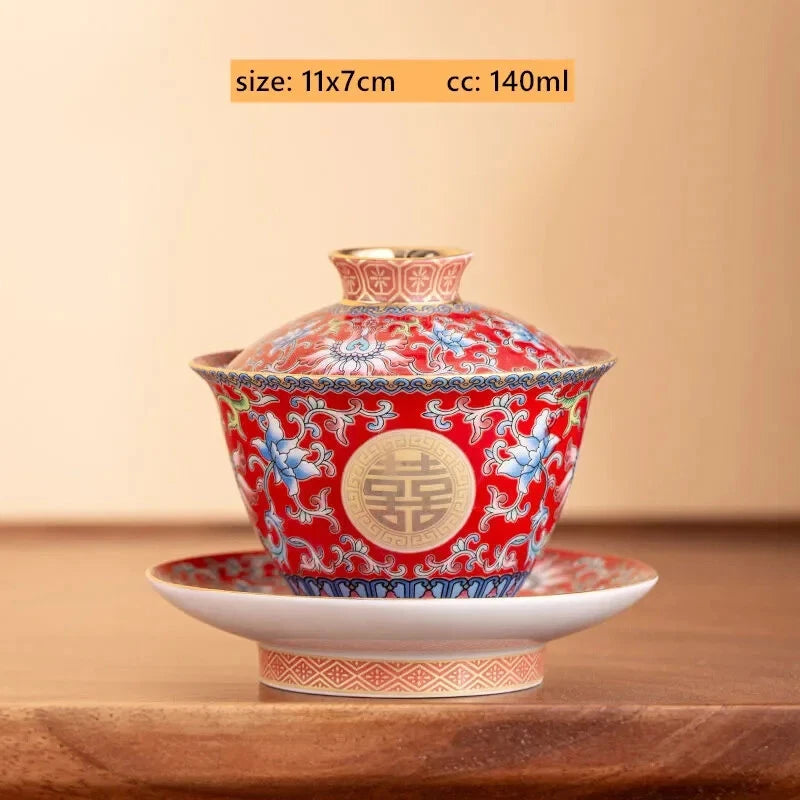 Chinese Wedding Tea Set Enamel Color Ceramic Gaiwan Handmade Beauty Teacup