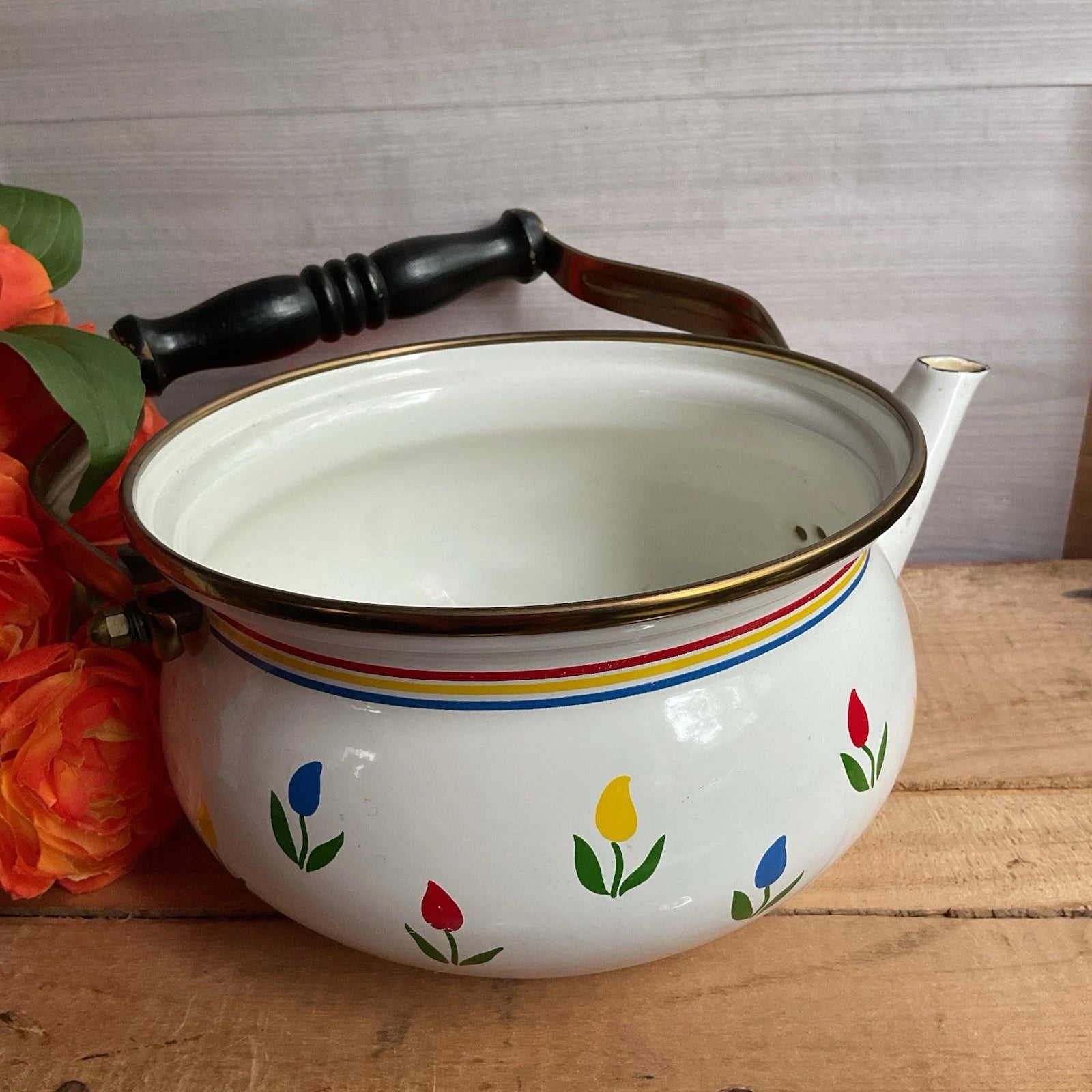 ASTA Enamelware Tea Kettle Teapot Brass Handles Tulips Vtg 1960’s West Germany | eBay