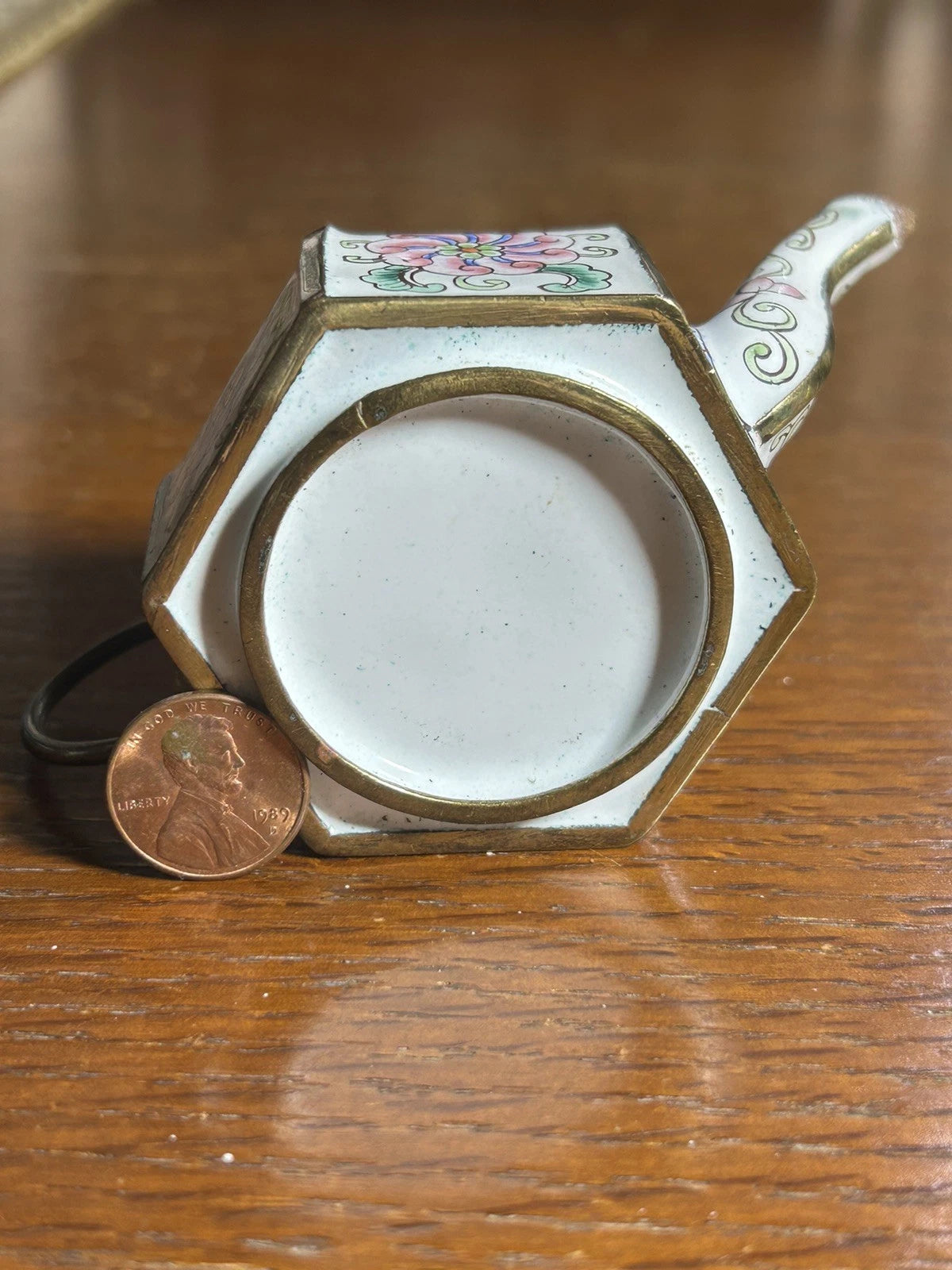 Chinemel B. Yee Enamel On Copper Miniature White Teapot W/Floral Decoration