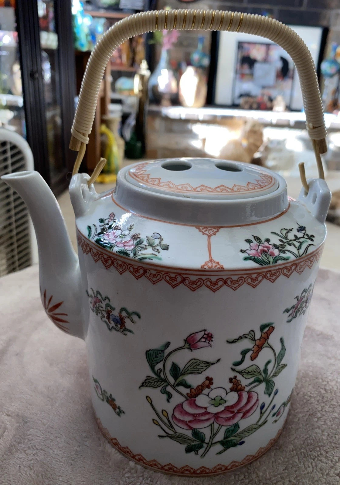 Antique Chinese Enameled Famille Rose Porcelain Teapot W/Floral Design