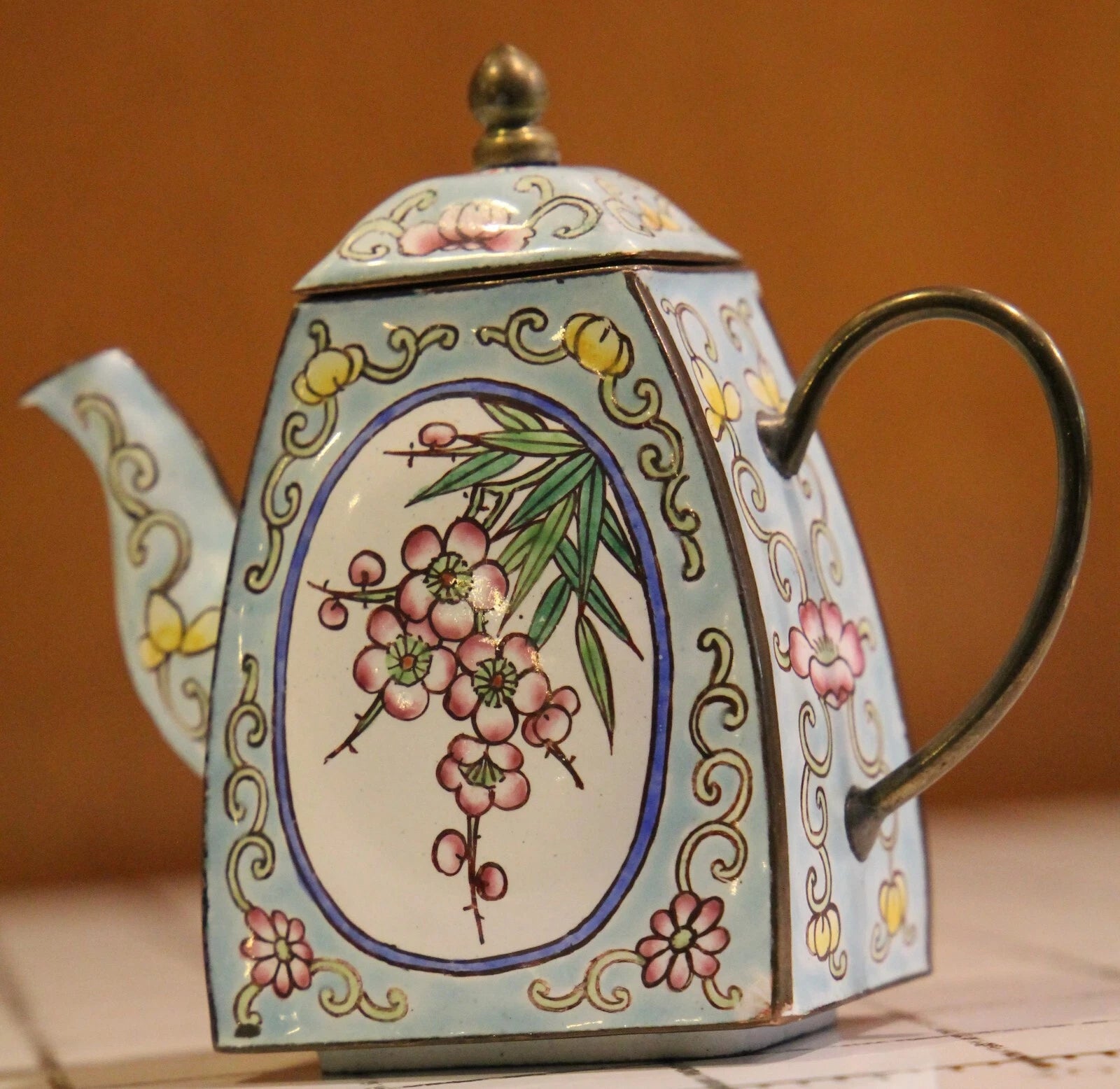 Enamel on Copper Miniature Teapot White & Blue Floral Petite abt 3.5" tall