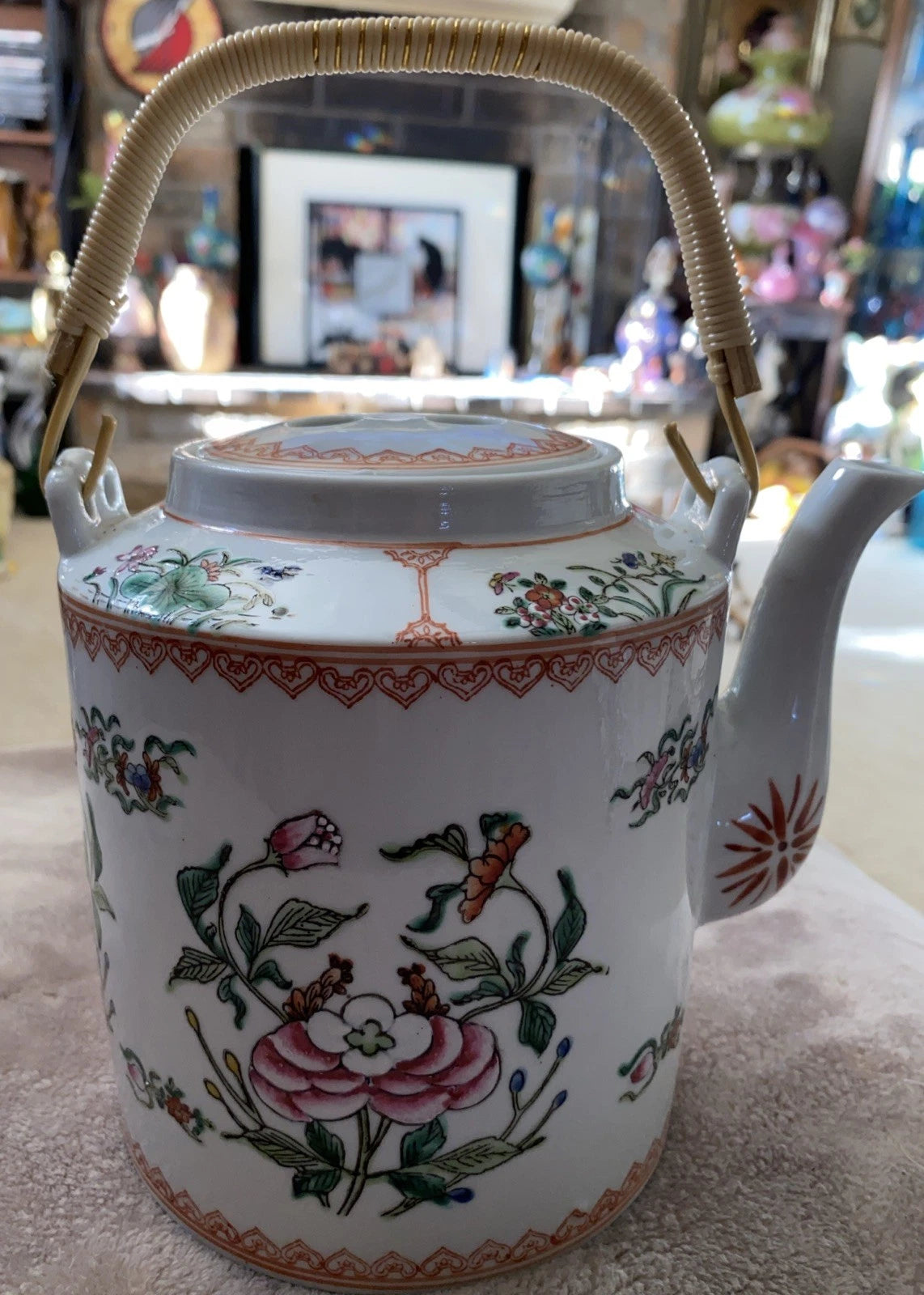 Antique Chinese Enameled Famille Rose Porcelain Teapot W/Floral Design