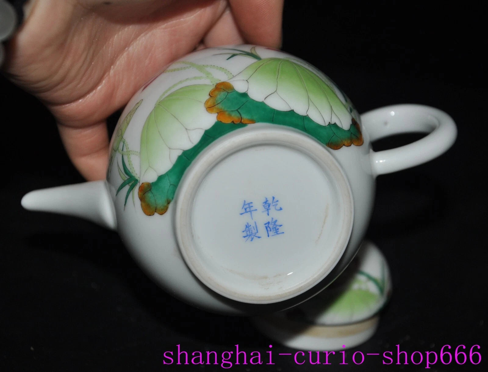 5.6"Qing Dynasty Qianlong enamel porcelain flowers text Tea set Teapot statue