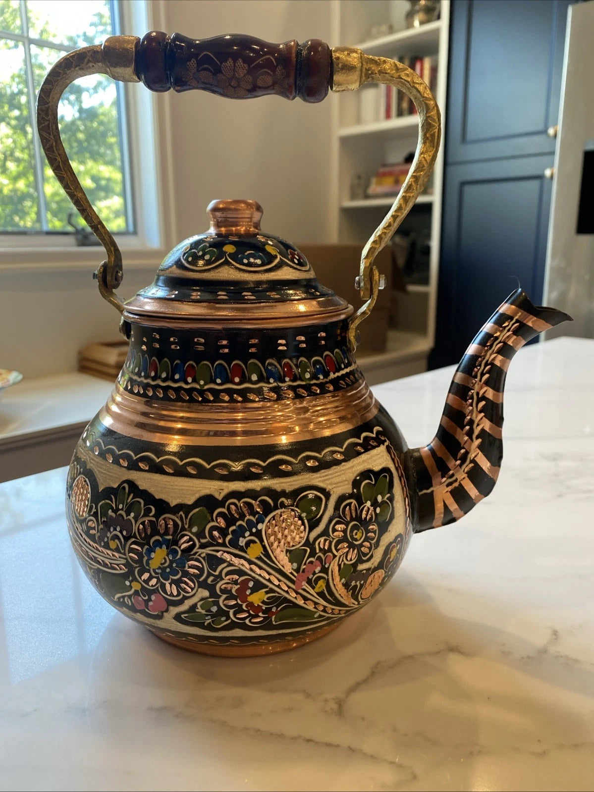 Handmade Copper Turkish Teapot w/ Infuser – Hand Painted Floral Enamel Kettle