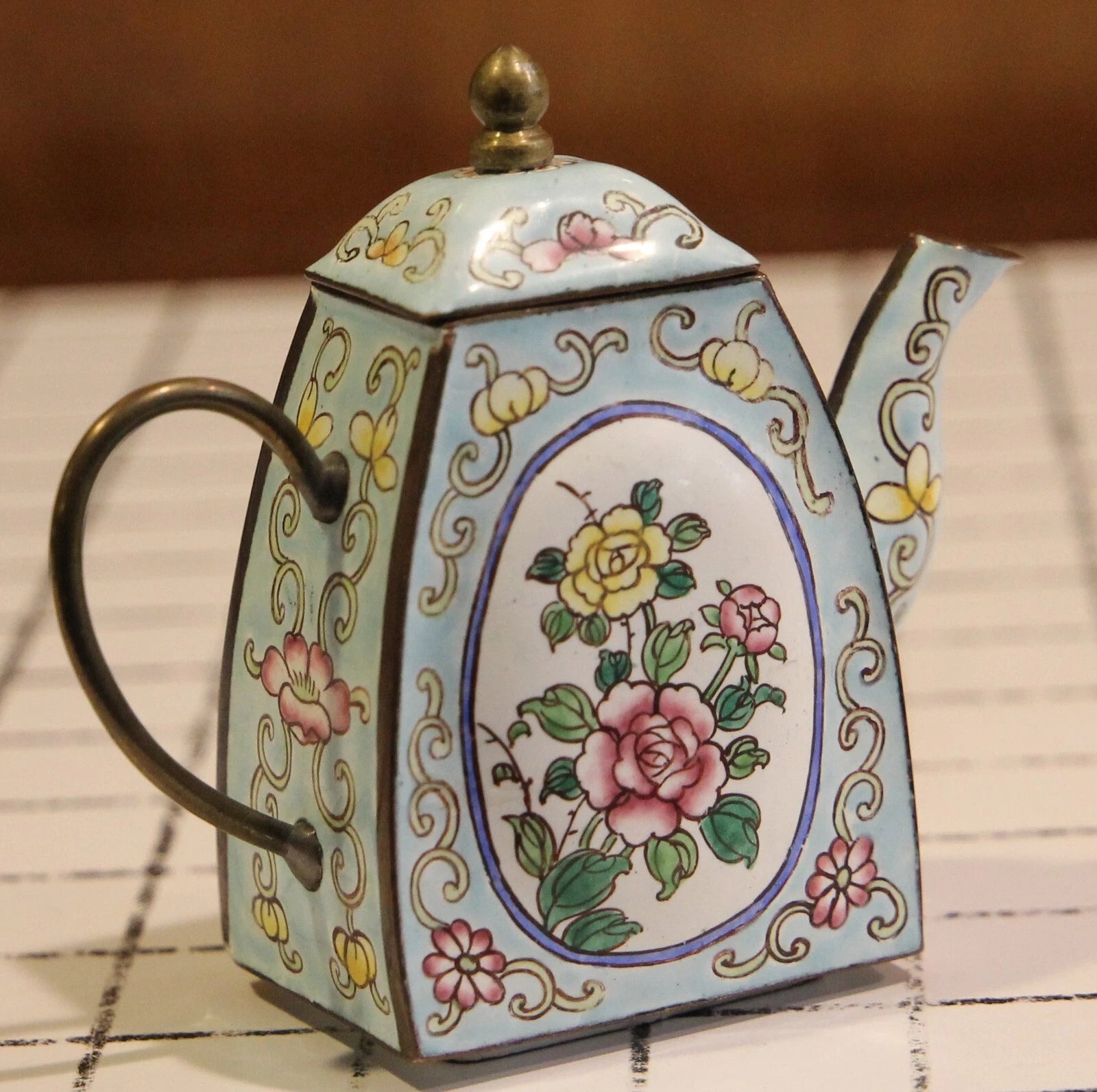 Enamel on Copper Miniature Teapot White & Blue Floral Petite abt 3.5" tall