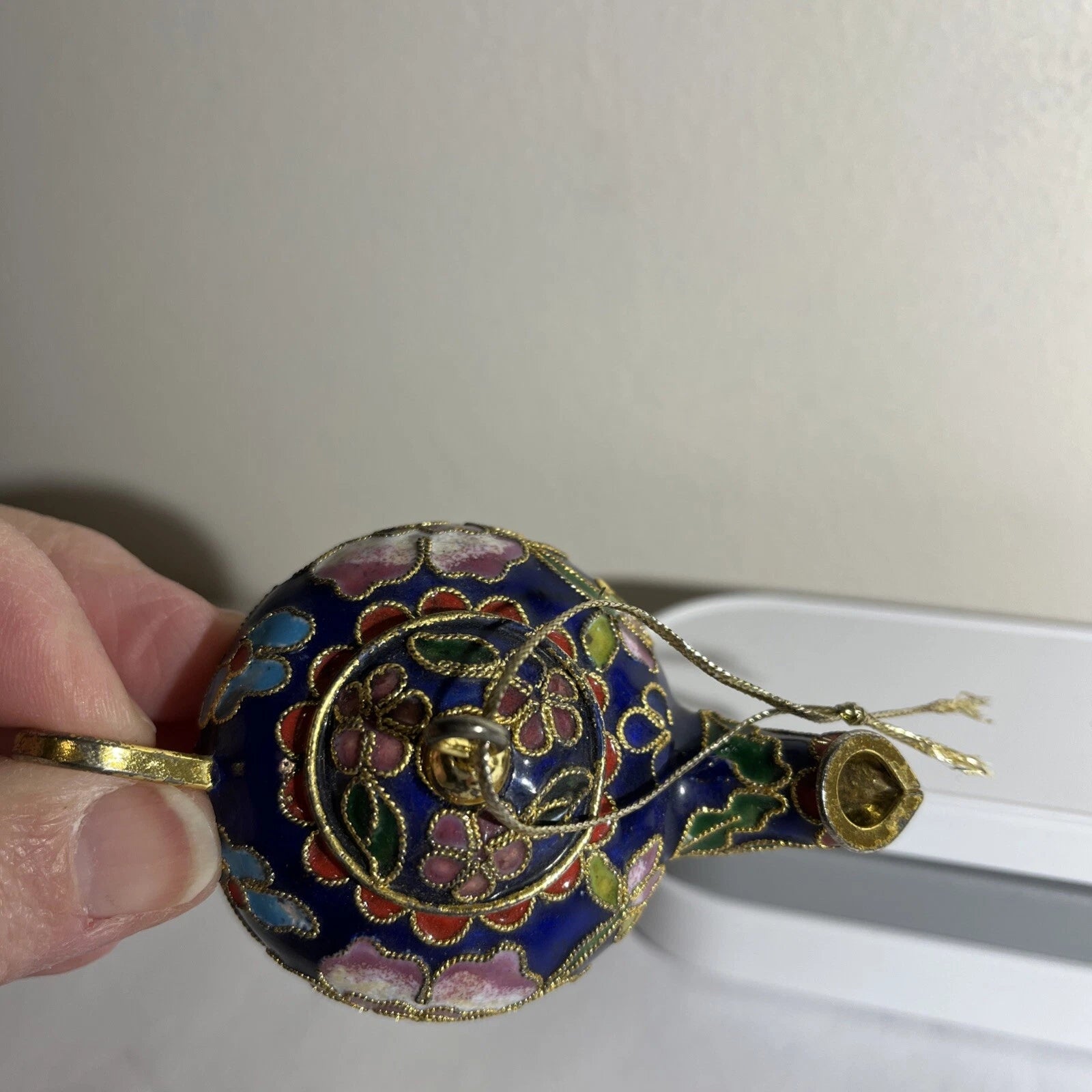 Mini Chinese Cloisonné Enameled Floral Glaze Cobalt Blue Teapot 3.5” L - 2" H