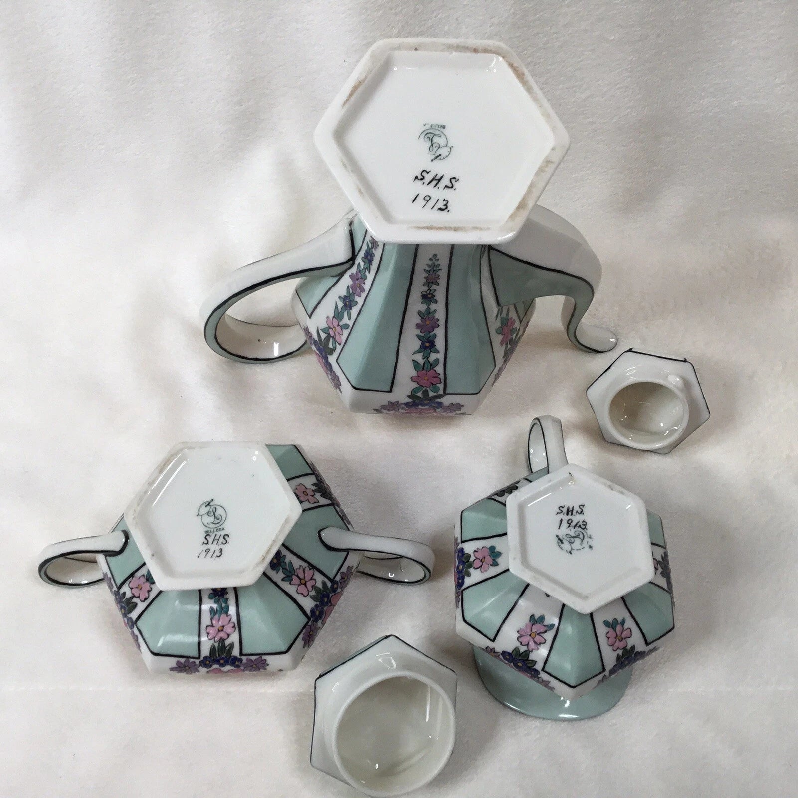 American Belleek Lenox Custom Tea Pot Sugar Bowl Cream Pitcher Signed 1913 S.H.S