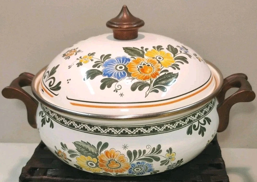 ASTA White Floral Enamelware Old Amsterdam 8.5” Dutch Oven & Teapot PRISTINE!!!