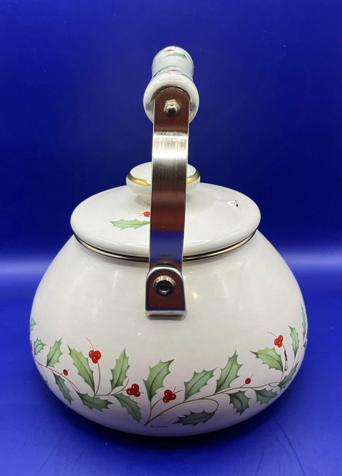 Lenox Tea Kettle Holiday Holly Berry Enamel Pot Porcelain Handle Christmas Metal | eBay