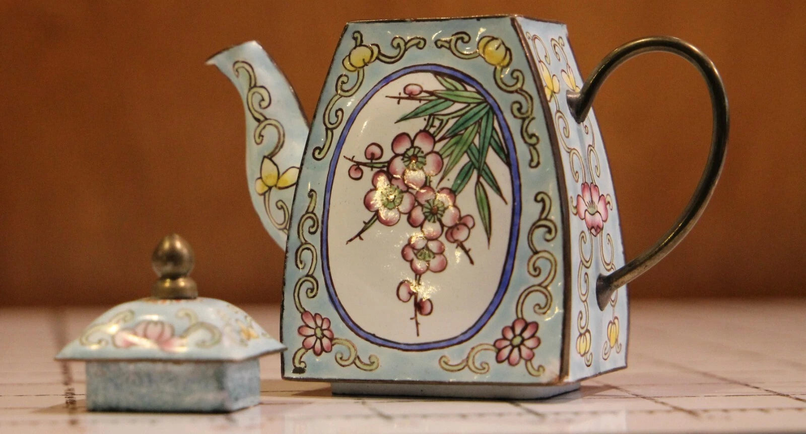Enamel on Copper Miniature Teapot White & Blue Floral Petite abt 3.5" tall