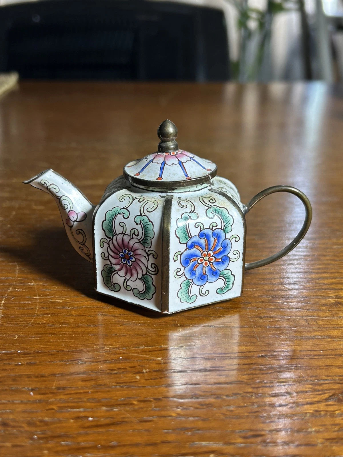 Chinemel B. Yee Enamel On Copper Miniature White Teapot W/Floral Decoration