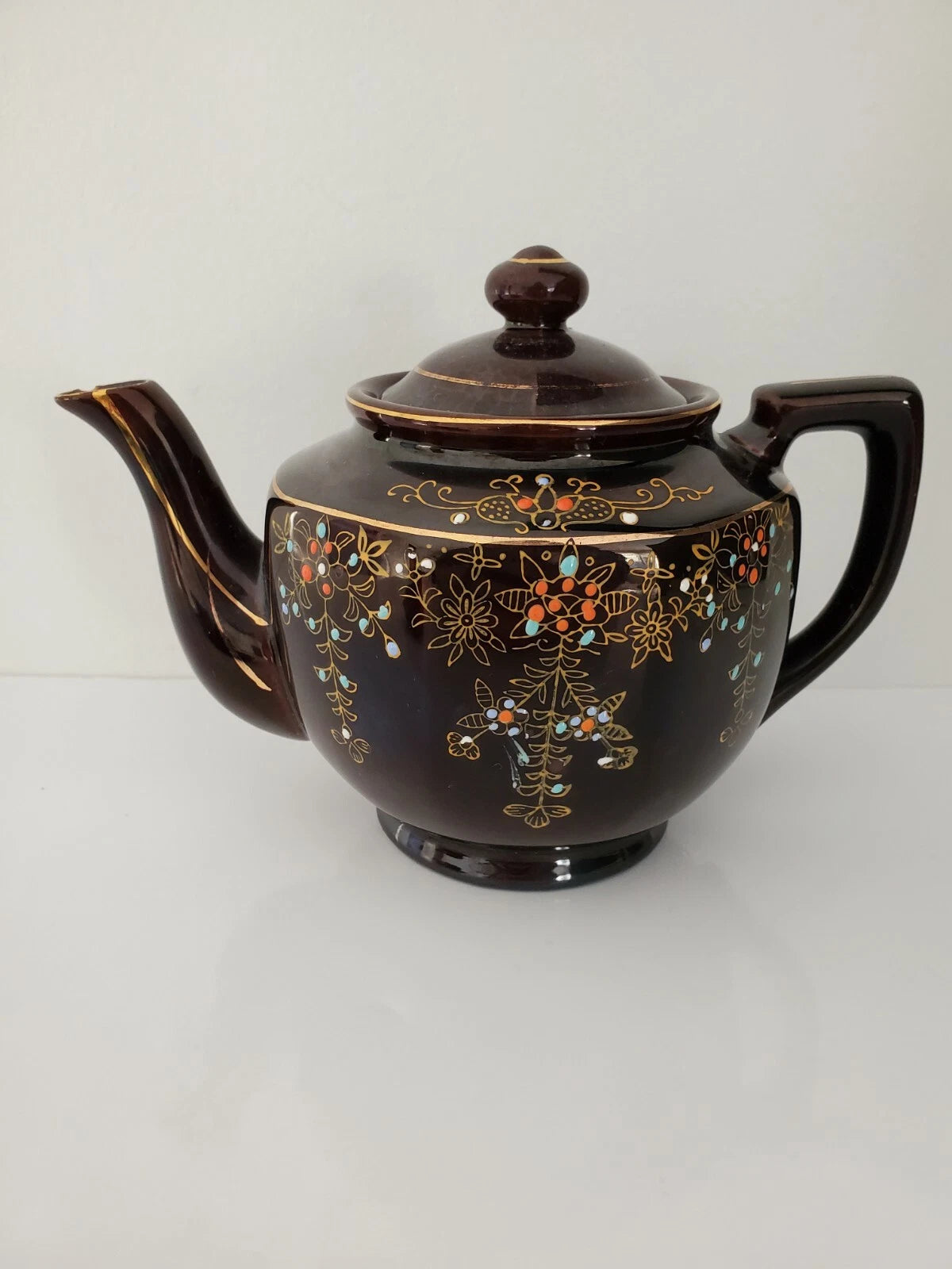 Antique Gibson & Son Burem England Enameled  Hand Painted  Teapot Cup Saucer Set