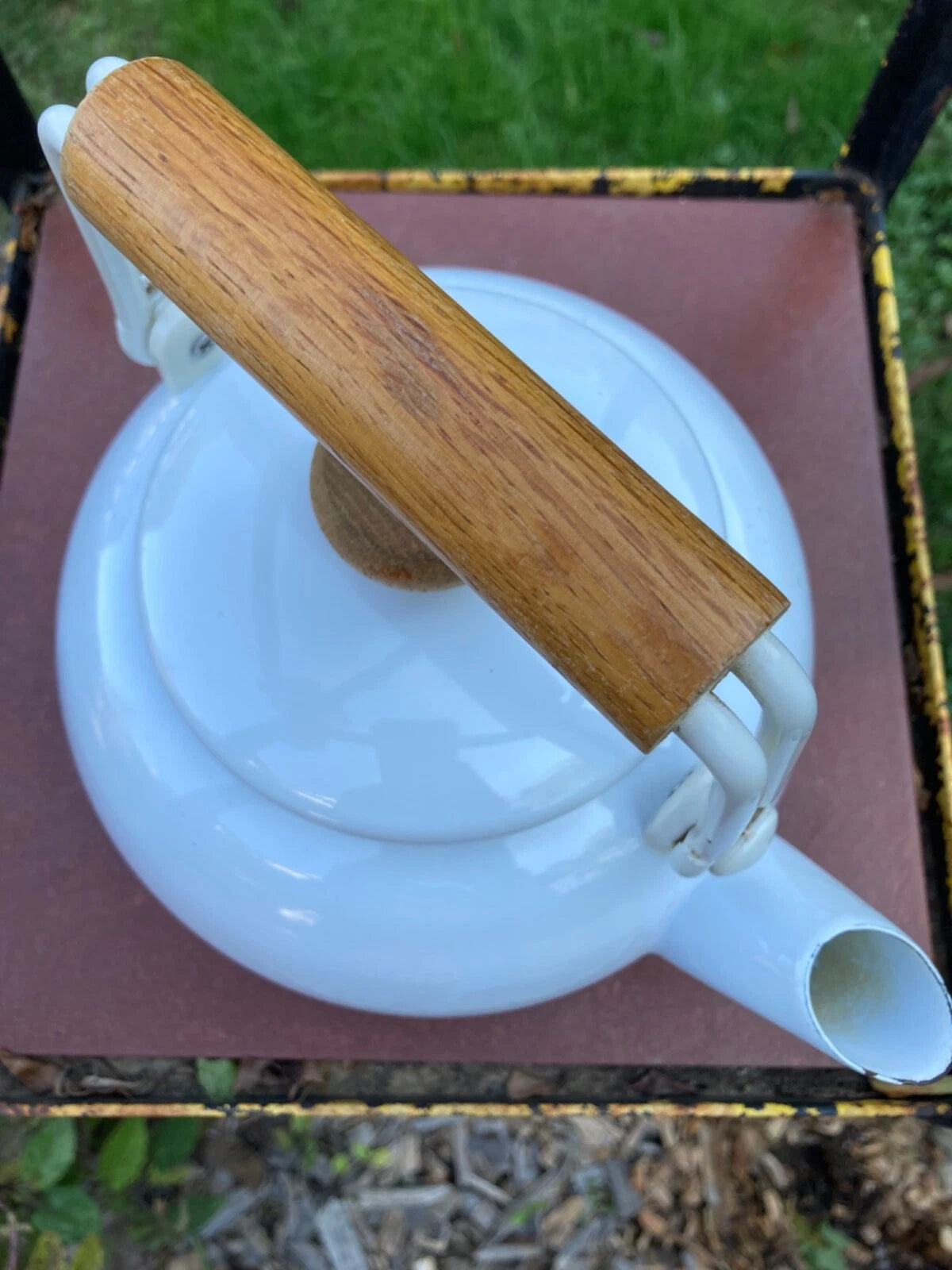 Enamel White MidCentury Tea Pot Kettle Wooden Handle & Knob Vintage | eBay