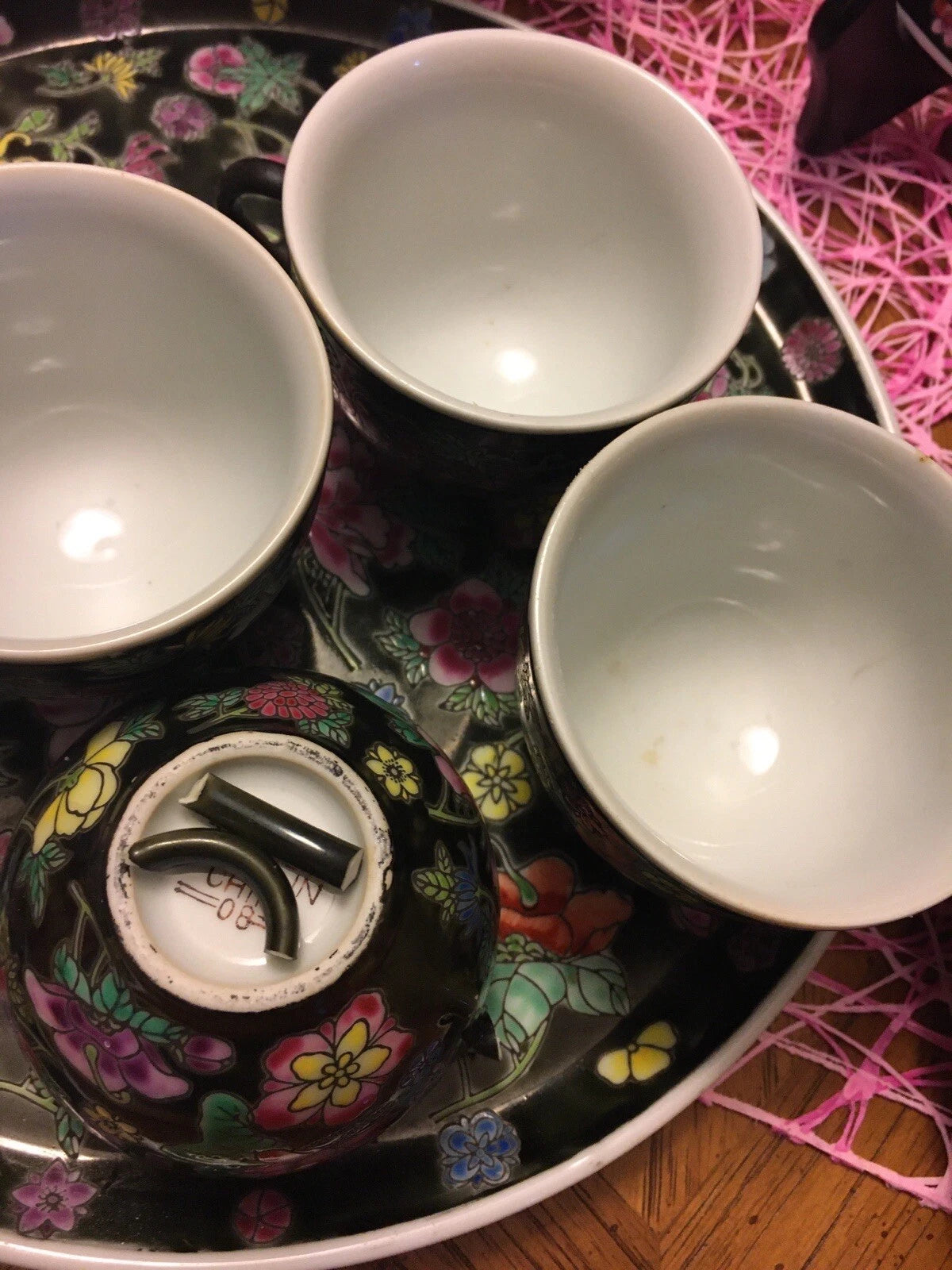 Chinese Millefleur Famille Noire Black Porcelain Enamel Teapot Cups Tray | eBay