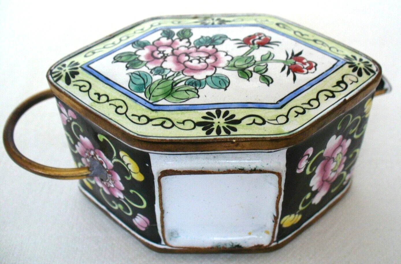 ASIAN~Mini~ENAMEL PAINTED~Floral~HEXAGON~Lidd~Tea Pot~COLLECTIBLE~4.5"x1.75"x3"