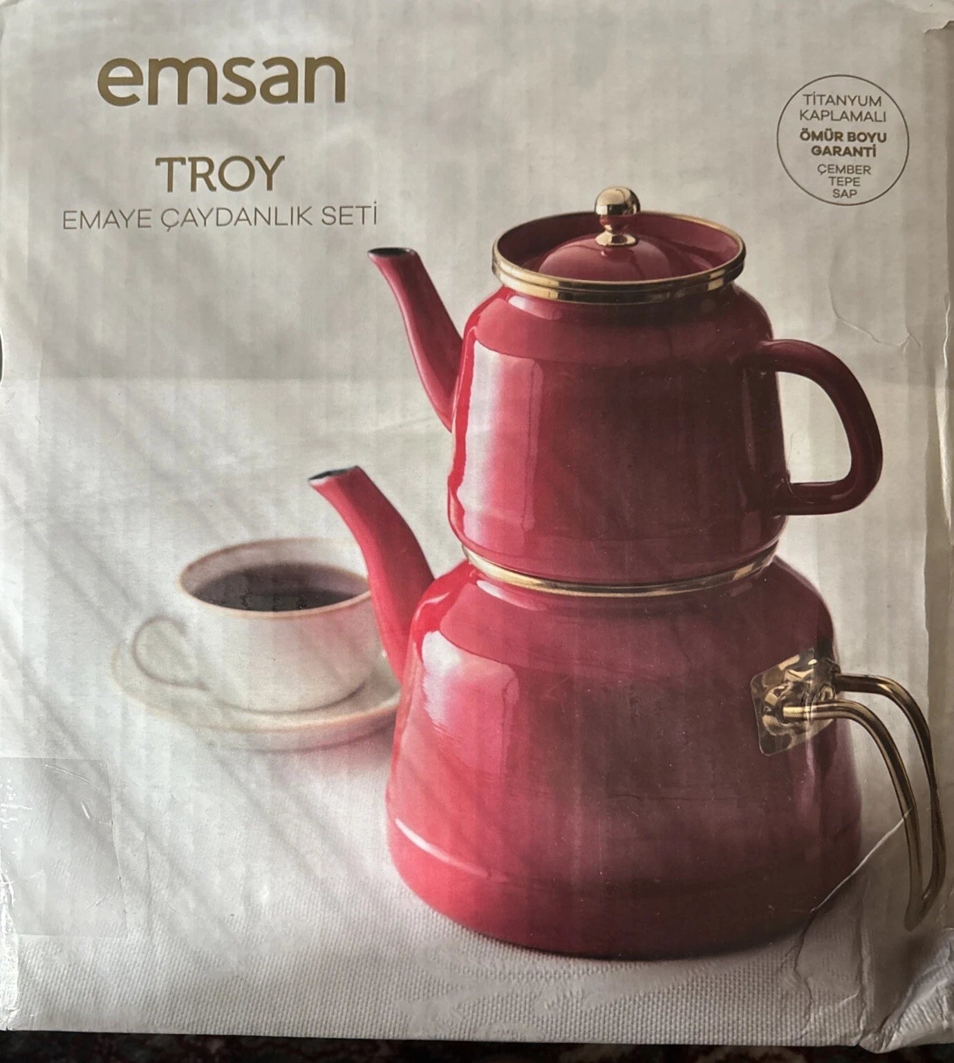 Emsan Troy Retro Red Enamel Turkish Teapot & Lid Set 2 Kettles 3.6 LT Rare NEW