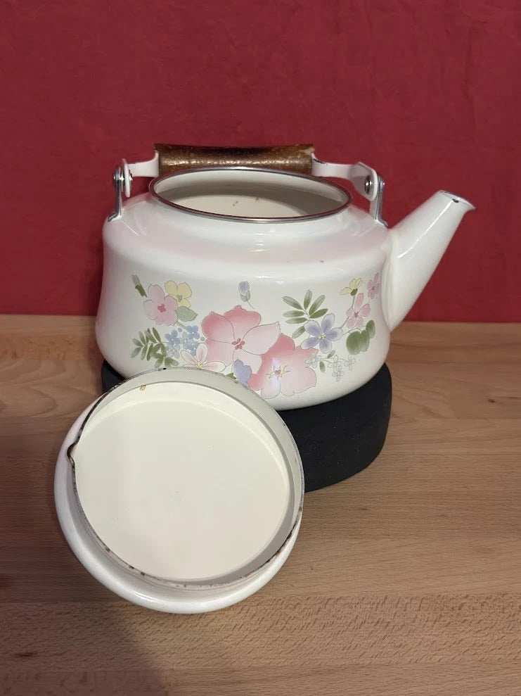 Kobe Japan VGT White Enamel Teapot Floral Flowers Cottage Tea Kettle Rustic | eBay