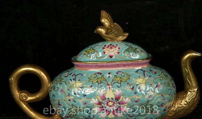 7.8 " Yongzheng Marked China Colour Enamel Porcelain Gilt Dynasty Flower Teapot