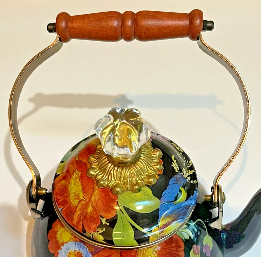 MacKenzie Childs Black Flower Market 2 Quart Enamel Teapot Kettle - EUC