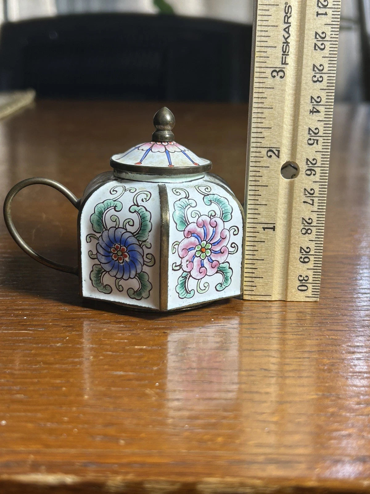 Chinemel B. Yee Enamel On Copper Miniature White Teapot W/Floral Decoration