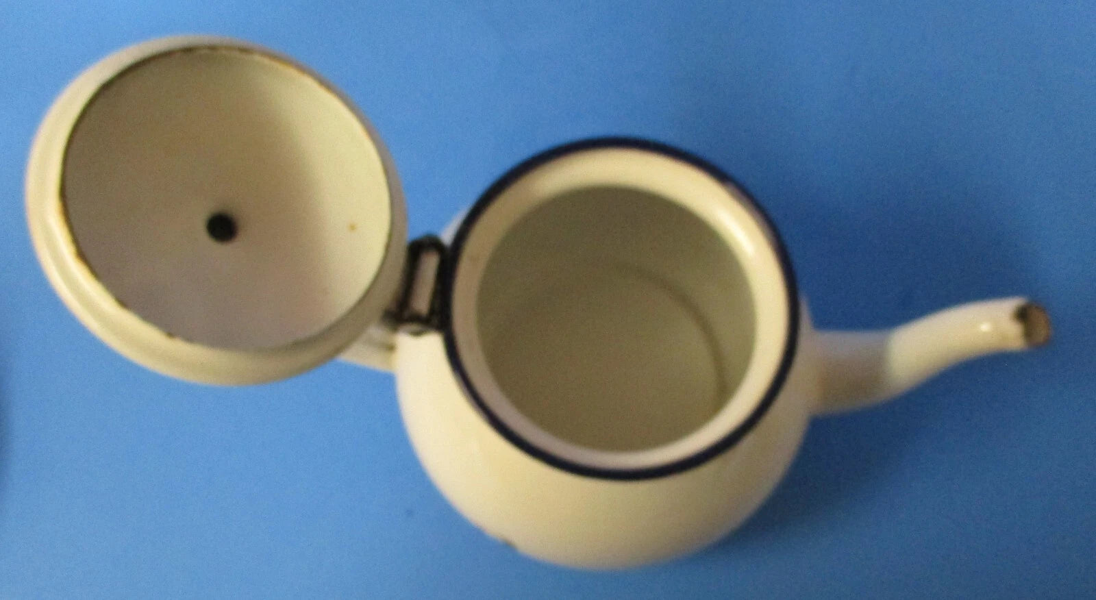 graniteware enamel ware Boston style teapot white w/ dark blue USED vintage rj