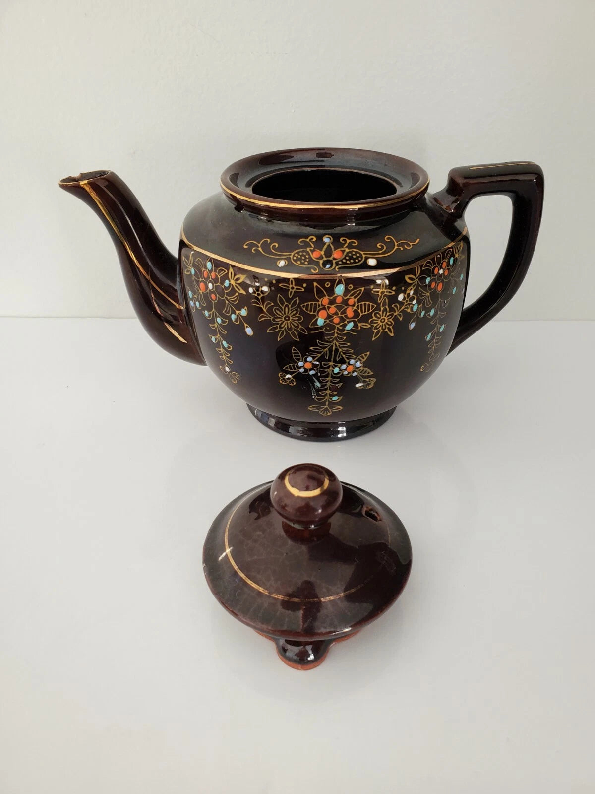 Antique Gibson & Son Burem England Enameled  Hand Painted  Teapot Cup Saucer Set