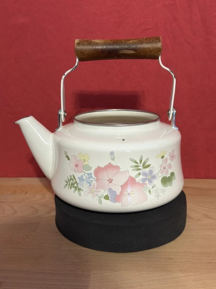 Kobe Japan VGT White Enamel Teapot Floral Flowers Cottage Tea Kettle Rustic | eBay