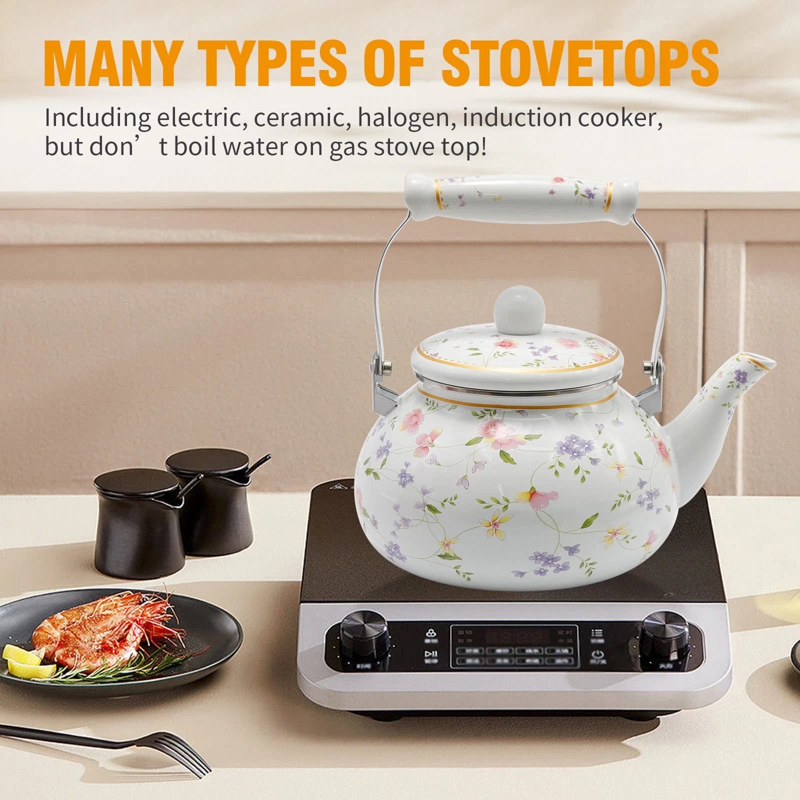 Enamel Teakettle Floral Teapot for Stovetop, 2.5L Large Green Floral Tea Kett...