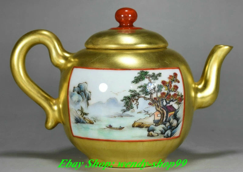 8" DaQing Qianlong Marked Colour Enamel Porcelain Gilt Mountains Rivers Teapot