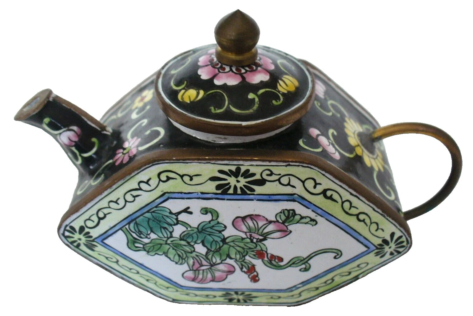 ASIAN~Mini~ENAMEL PAINTED~Floral~HEXAGON~Lidd~Tea Pot~COLLECTIBLE~4.5"x1.75"x3"