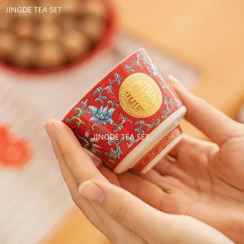 Chinese Wedding Tea Set Enamel Color Ceramic Gaiwan Handmade Beauty Teacup