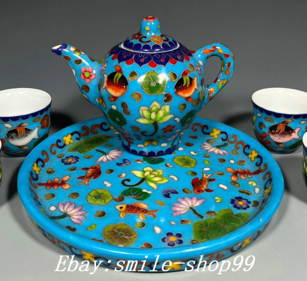 8.4" Ming Dynasty Enamel Colour Porcelain Fish Wine Tea Pot Drinking Vessel Set