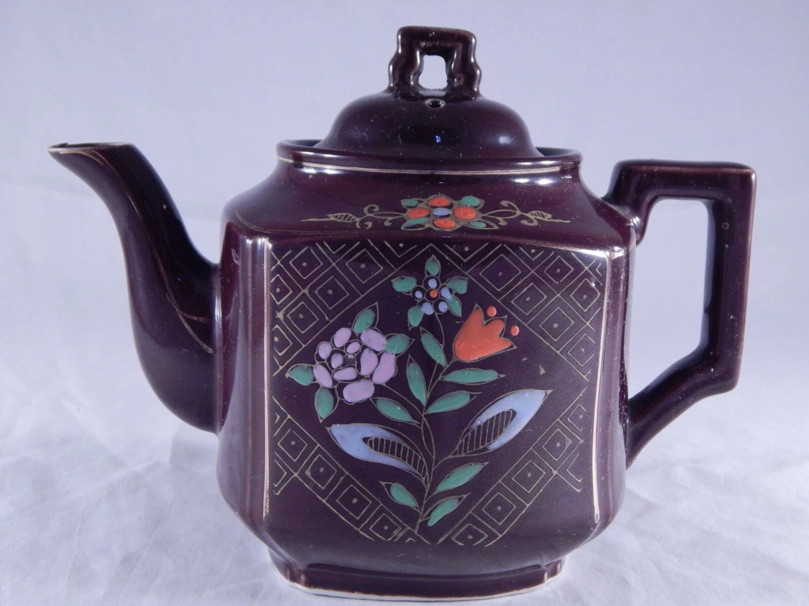 Antique Vintage Japan Teapot Early Mid Century Glossy Embossed Design Enamel
