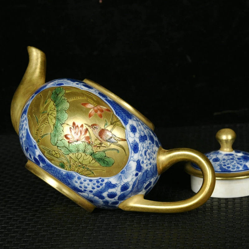 5.5" Antique dynasty Porcelain qianlong mark colour enamels flowers bird Teapot