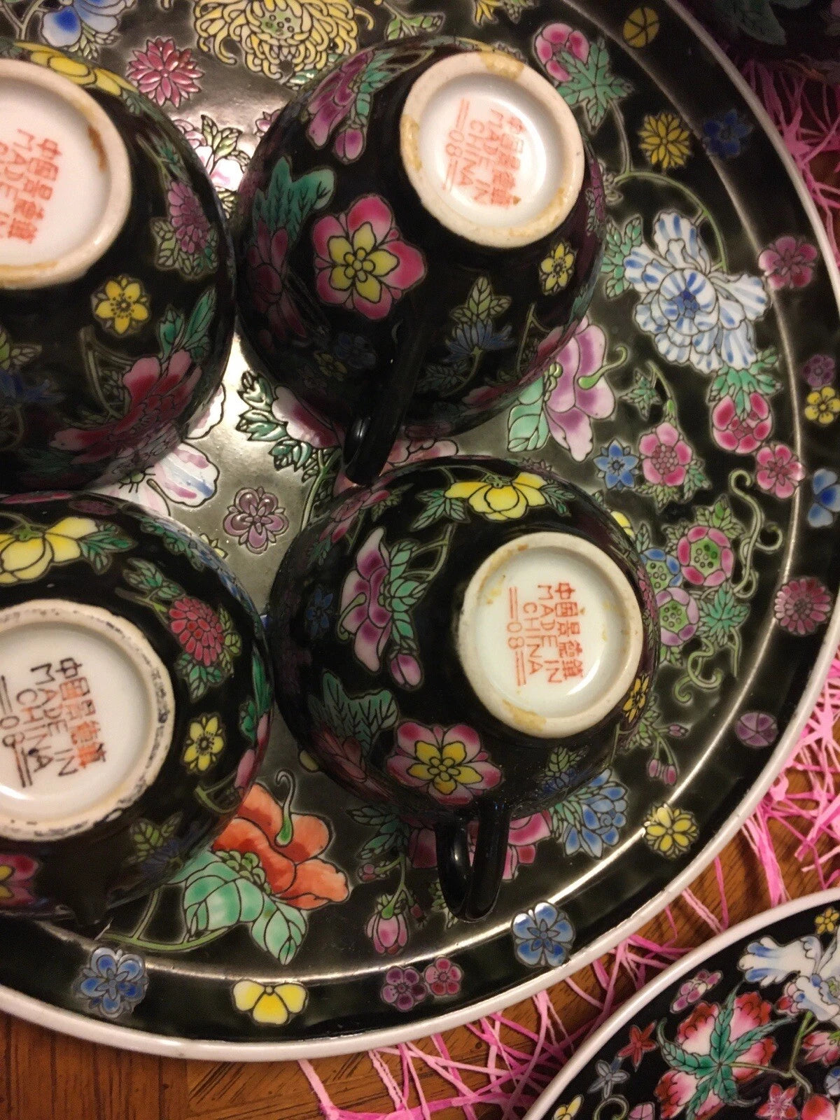Chinese Millefleur Famille Noire Black Porcelain Enamel Teapot Cups Tray | eBay