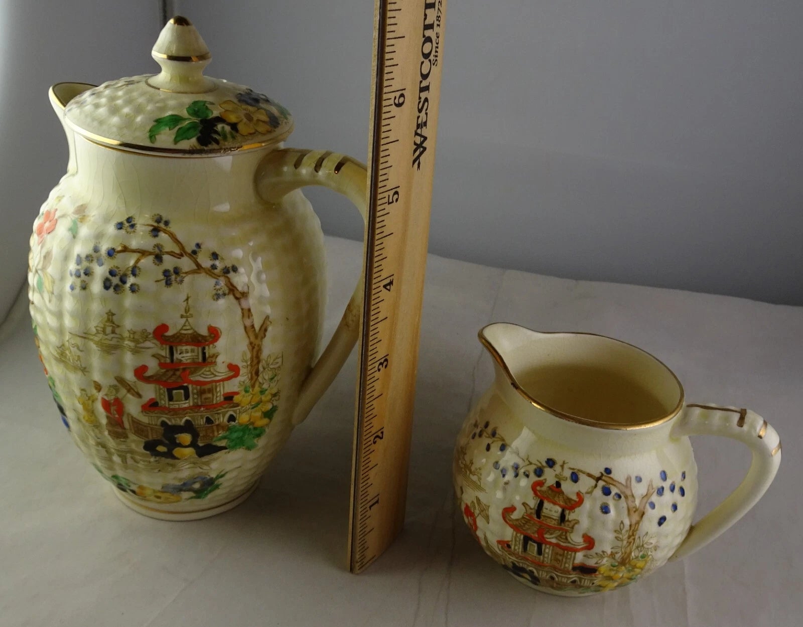 Adderley Temple Group - Pitchers Teapot Creamer Sugar ++ Asian Scene Enamelled | eBay