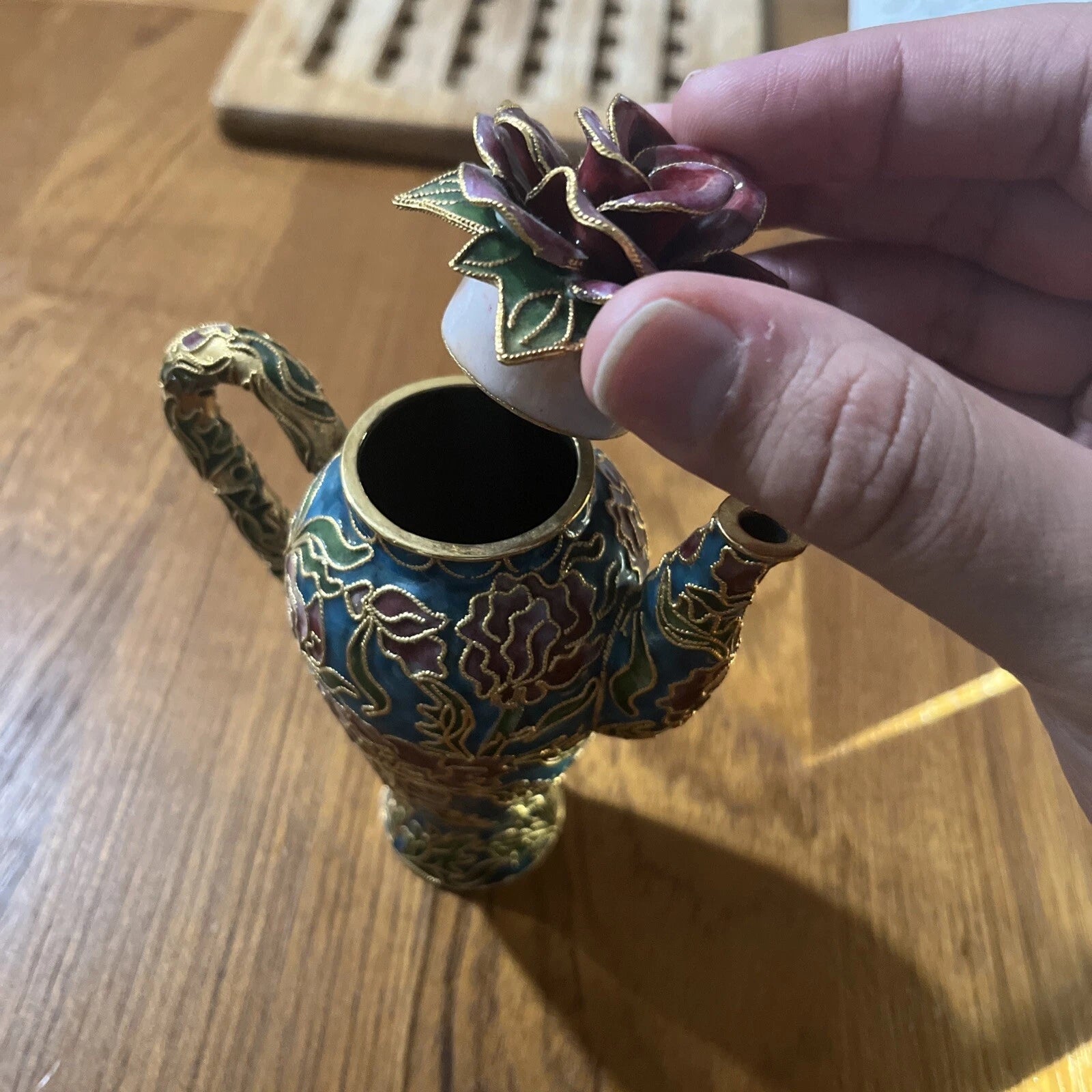 Miniature Floral Enamel Cloisonne Teapot Red Green Gold Rose Design Lid