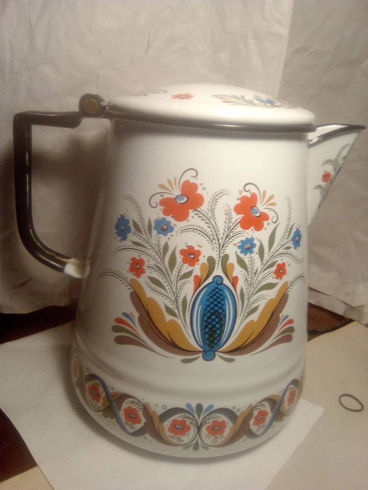 BERGGREN  vintage  enamel DANISH FLORAL TEA COFFEE POT 1960s flowers