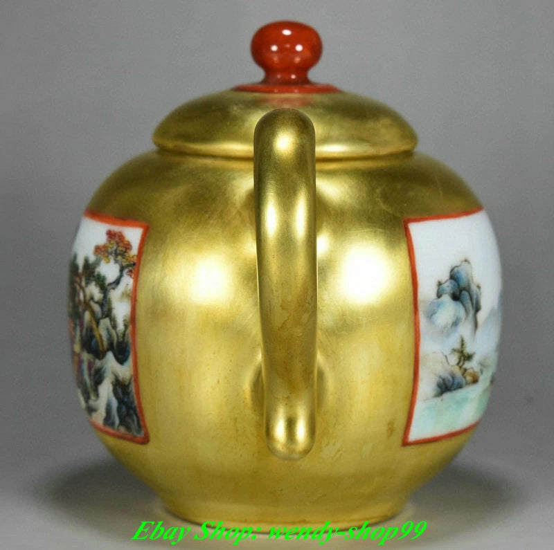 8" DaQing Qianlong Marked Colour Enamel Porcelain Gilt Mountains Rivers Teapot