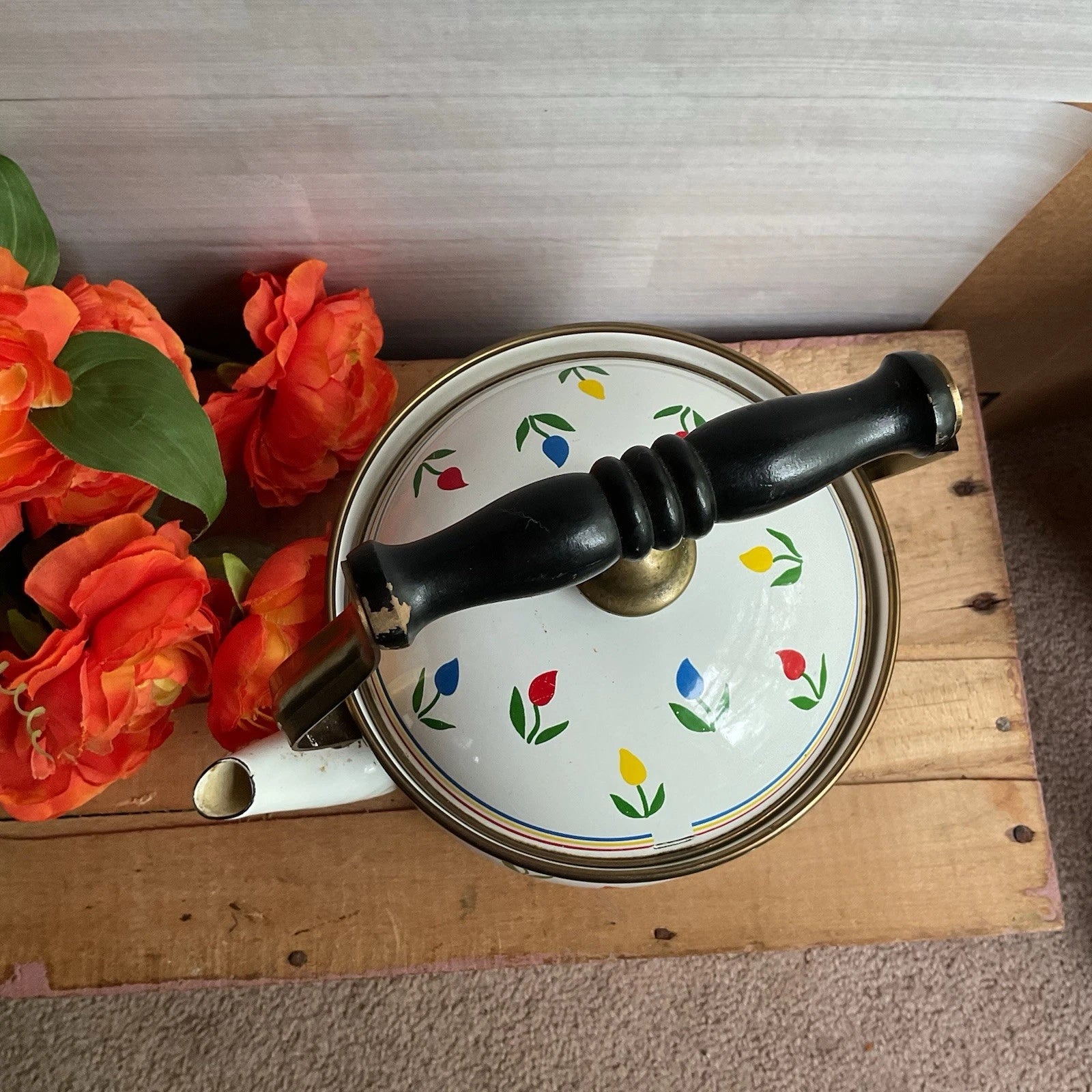 ASTA Enamelware Tea Kettle Teapot Brass Handles Tulips Vtg 1960’s West Germany | eBay